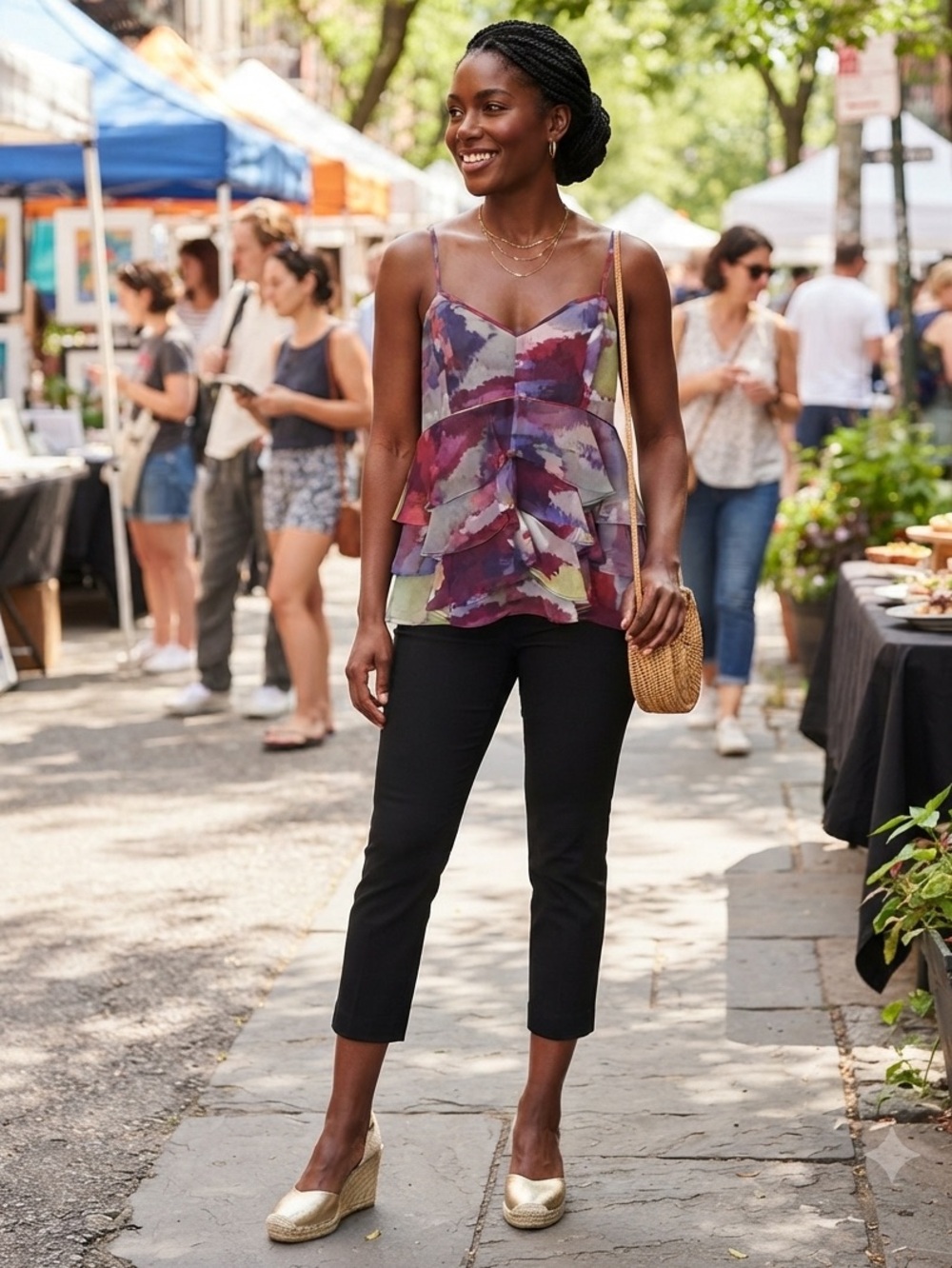 Guess Tiered Ruffle Spaghetti Strap top in Multicolor